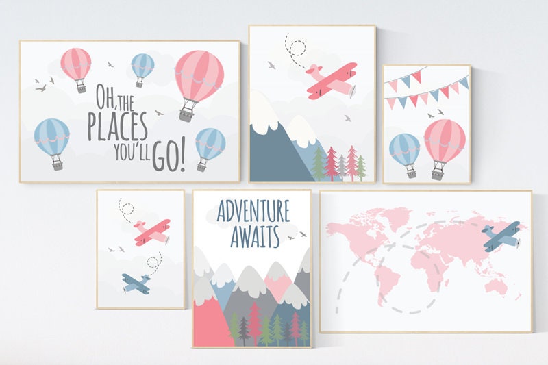 Nursery decor girl adventure, adventure awaits, girl nursery decor, nursery prints mountain, mountain wall art, travel themed nursery girl