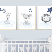Nursery decor boys animals, giraffe, lion, koala, nursery prints, navy nursery, navy blue nursery, baby room wall art, woodland animal print