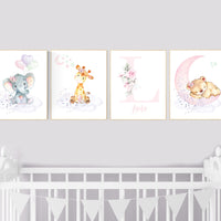 Nursery decor floral jungle, nursery decor animals, Nursery wall art girl elephant, giraffe, bear, pink, purple, girl nursery wall decor