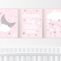Pink silver nursery decor, nursery wall art girl, pink and silver nursery art, cloud and stars, baby room prints, baby room art girl