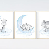 Nursery decor elephant and giraffe, animal nursery prints, baby blue nursery, blue nursery, baby room wall art, woodland animal prints