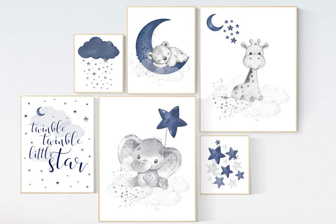 Nursery decor boy animals, elephant, giraffe, bear, boy nursery decor, navy nursery, boy nursery wall art, twinkle twinkle little star