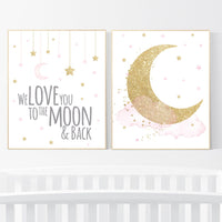 Nursery wall art girl , gold and pink, cloud, moon, stars, girl nursery ideas, nursery wall art, we love you to the moon and back
