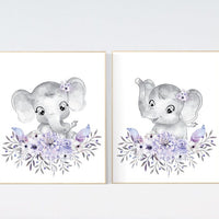 Nursery wall art elephant, nursery decor girl purple, nursery decor girl floral, lilac nursery decor lavender, Boho baby room, lilac nursery