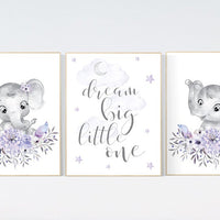 Purple nursery, Boho baby room, nursery wall art elephant, nursery decor girl, nursery decor girl floral, lilac nursery decor, lavender