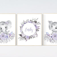 Purple nursery girl, Boho baby room, nursery wall art elephant, nursery decor girl, nursery decor girl floral, lilac nursery decor, lavender
