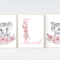 Nursery wall art elephant, nursery decor girl flower, nursery decor girl floral, Boho baby room, pink nursery decor, flower baby room