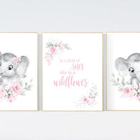 Nursery wall art elephant, nursery decor girl flower, nursery decor girl floral, Boho baby room, pink nursery decor, flower baby room