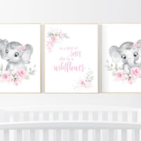 Nursery wall art elephant, nursery decor girl flower, nursery decor girl floral, Boho baby room, pink nursery decor, flower baby room