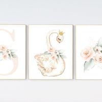 Nursery decor girl blush pink, swan nursery wall art, blush nursery, floral nursery, swan wall prints, flower nursery, swan nursery prints