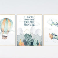 Nursery decor boy mountain, adventure nursery, travel theme nursery, woodland, gender neutral, let him sleep, hot air balloon, plane