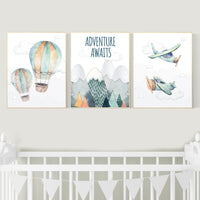 Nursery decor boy mountain, adventure nursery, travel theme nursery, woodland, gender neutral, adventure awaits, hot air balloon, plane