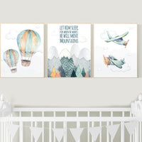 Nursery decor boy mountain, adventure nursery, travel theme nursery, woodland, gender neutral, let him sleep, hot air balloon, plane
