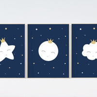 Navy nursery decor, cloud and stars, moon and stars, navy blue nursery art. baby room wall art, boy nursery decor, set of 3, nursery art