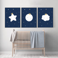Navy nursery decor, cloud and stars, moon and stars, navy blue nursery art. baby room wall art, boy nursery decor, set of 3, nursery art
