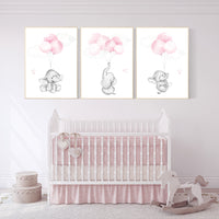 Nursery wall art girl, Nursery decor girl pink and gray, nursery wall art elephant, elephant nursery, nursery wall art animals, woodland.