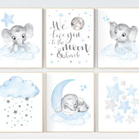 Nursery wall art boy, animal prints, elephant, moon, stars, cloud, nursery wall art, elephant nursery art, boy nursery ideas, animal art