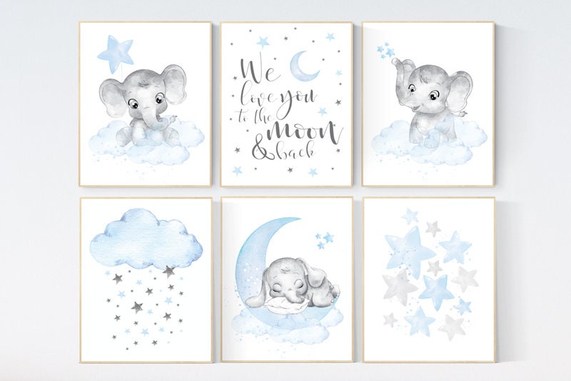 Nursery decor boy elephant, we love you to the moon and back, Blue and gray, moon and stars. nursery wall art boy elephant, baby blue, stars