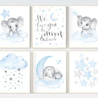 Nursery decor boy elephant, we love you to the moon and back, Blue and gray, moon and stars. nursery wall art boy elephant, baby blue, stars