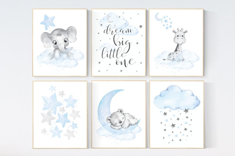 Nursery decor boy bear, giraffe, elephant, animal prints, Animal nursery wall art, bear decor for nursery, blue grey elephant, boys nursery