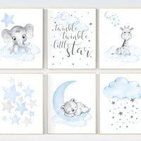 Nursery wall art bear, giraffe, elephant, animal prints, Animal nursery wall art, bear decor for nursery, blue grey elephant, boys nursery