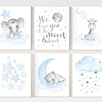 Nursery wall art bear, giraffe, elephant, animal prints, Animal nursery wall art, we love you to the moon and back, blue grey elephant