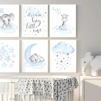 Nursery decor boy bear, giraffe, elephant, animal prints, Animal nursery wall art, bear decor for nursery, blue grey elephant, boys nursery