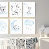 Nursery wall art bear, giraffe, elephant, animal prints, Animal nursery wall art, we love you to the moon and back, blue grey elephant