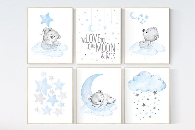 Nursery decor boy bear, boys nursery prints. nursery decor boy ideas, nursery art ideas, baby blue, grey, nursery wall art, sky, moon, stars