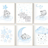 Nursery decor boy bear, boys nursery prints. nursery decor boy ideas, nursery art ideas, baby blue, grey, nursery wall art, sky, moon, stars