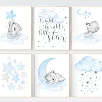 Nursery wall art bear, boys nursery prints. nursery decor boy ideas, nursery art ideas, baby blue, grey, nursery wall art, sky, moon, stars
