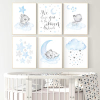 Nursery wall art bear, boys nursery prints. nursery decor boy ideas, nursery art ideas, baby blue, grey, nursery wall art, sky, moon, stars