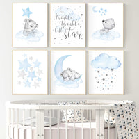Nursery wall art bear, boys nursery prints. nursery decor boy ideas, nursery art ideas, baby blue, grey, nursery wall art, sky, moon, stars