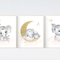 Nursery wall art girl elephant, Blush pink, flower nursery decor, blush gold nursery, nursery decor elephant, blush nursery, floral nursery