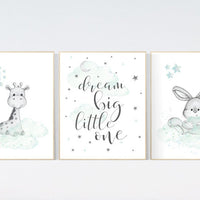 Nursery wall art mint and gray, nursery wall art animals, baby room decor mint and gray, woodland, jungle, bunny, giraffe, nursery prints