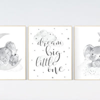 Grey nursery wall art, elephant nursery wall art, gender neutral, gray nursery art, nursery wall decor, moon, stars, neutral, twin nursery