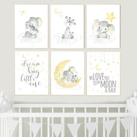 Yellow gray, yellow grey, gender neutral nursery wall art, giraffe, nursery decor elephant, gender neutral nursery ideas, twin nursery