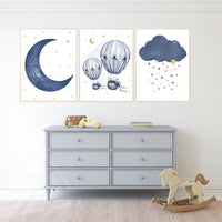 Nursery decor boy, Navy gold, cloud moon and stars nursery, hot air balloon, baby boy nursery idea, boy nursery art, navy and gold, prints