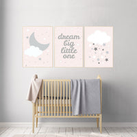 Blush nursery decor, dream big little one, moon, cloud, stars, pale pink, girl nursery wall art, girl nursery room ideas, set of 3 prints