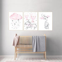 Nursery decor girl elephant, pink grey nursery, pink gray, hot air balloon, cloud, moon and stars, nursery wall art, girl nursery ideas