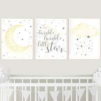 Yellow nursery decor, twinkle twinkle little star, Yellow gray, yellow grey, moon, cloud and stars nursery, gender neutral, twin nursery