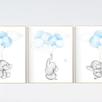Blue nursery decor, elephant nursery wall art, nursery decor boy elephant, animal prints, baby room, baby blue nursery, elephant balloon