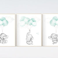 Mint nursery wall art, gender neutral, elephant nursery wall art, animal prints, elephant balloon print, mint green, twin nursery, balloons
