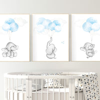 Blue nursery decor, elephant nursery wall art, nursery decor boy elephant, animal prints, baby room, baby blue nursery, elephant balloon
