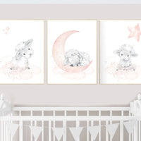 Nursery decor lambs, Nursery decor girl peach, sheep nursery, cloud and stars, moon and stars nursery, blush grey, sheep nursery