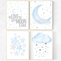 Nursery decor boy, cloud, moon, stars, we love you to the moon and back, boy nursery room, blue grey, blue grey, boy nursery ideas
