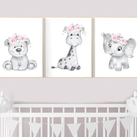 Nursery decor floral jungle, animal prints nursery, elephant, giraffe, bear, nursery decor girl flowers, nursery decor girl pink, pink grey