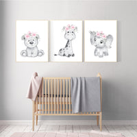 Nursery decor floral jungle, animal prints nursery, elephant, giraffe, bear, nursery decor girl flowers, nursery decor girl pink, pink grey