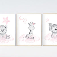Animal nursery, nursery decor girl pink gray, nursery decor girl woodland animals, teddy bear, elephant, giraffe, baby girl nursery prints
