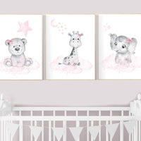 Animal nursery, nursery decor girl pink gray, nursery decor girl woodland animals, teddy bear, elephant, giraffe, baby girl nursery prints